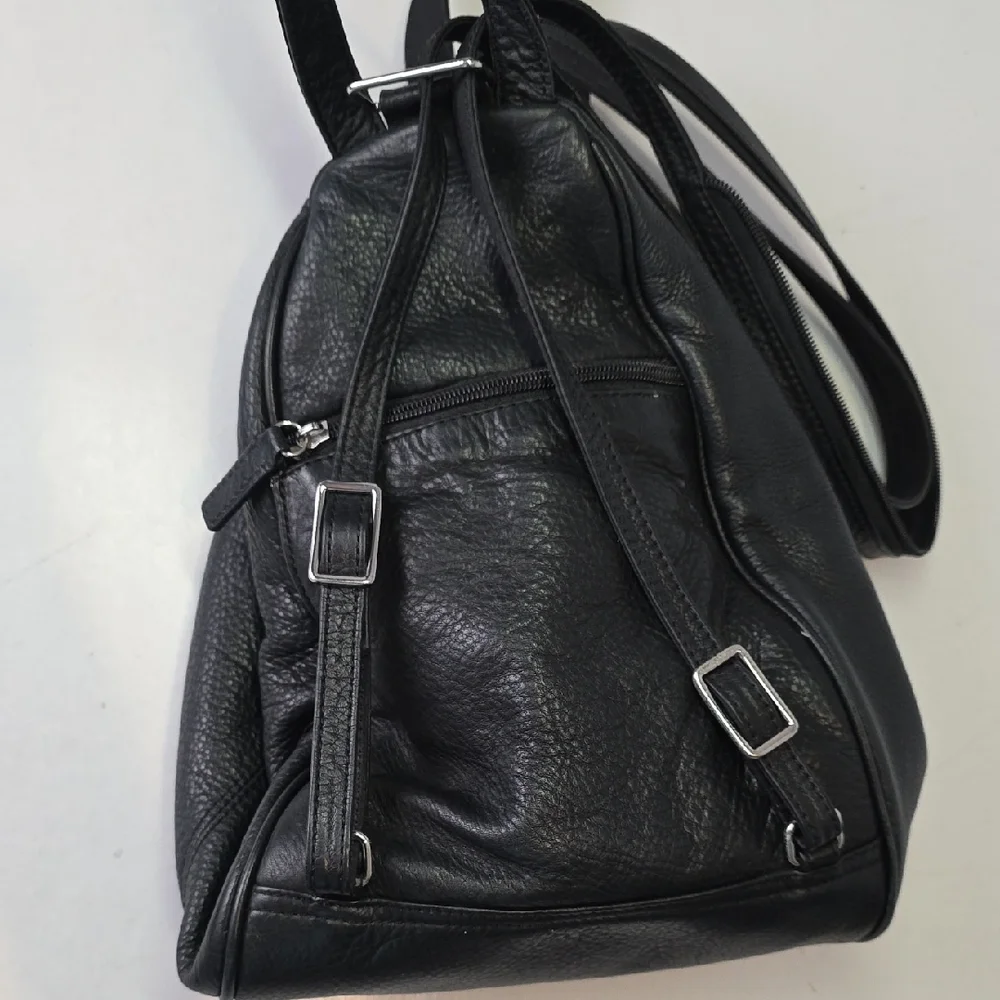 Black Leather Backpack Travel‎ Shoulder Bag Zip With Pockets Purse
